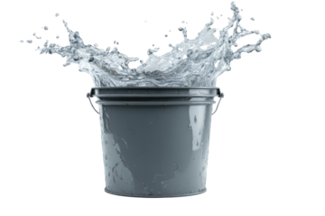 A grey bucket is filled with water, with a splash occurring upwards. Black background