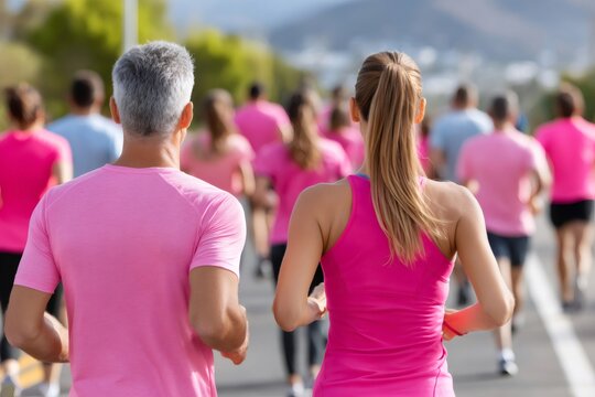 Group of people running outdoors wearing pink shirts for a cause