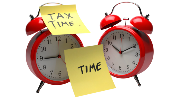 Red alarm clock duo with tax time note for finance and business branding, isolated on transparent background