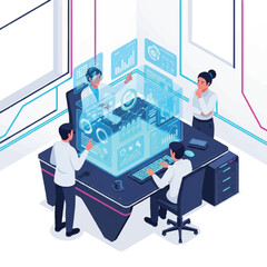 Isometric illustration of three professionals collaborating over a futuristic digital interface in a modern office with a technological and innovative mood.