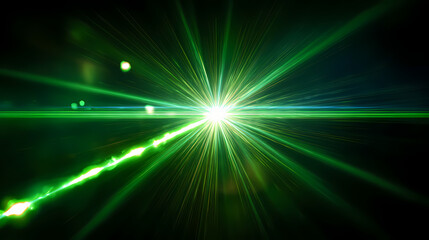 Obraz premium A vibrant green laser beam shining brightly in a dark environment, creating a spectacular display of light and energy. The image captures the essence of advanced technology and scientific innovation