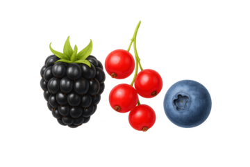 Still life of three berries: large black blackberry, bright red currants on stem, and round blue blueberry