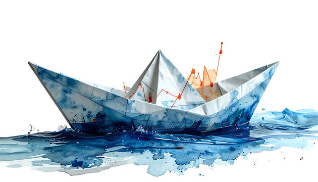 A simple origami paper boat crafted from a financial report paper, featuring visible stock market graph lines, symbolizing economy, finance risk, or navigating business challenges isolated Png form