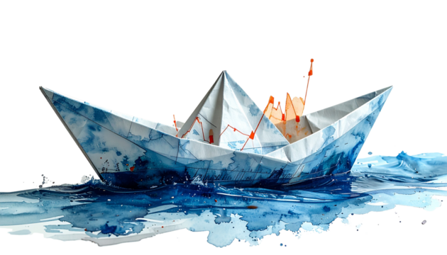 A simple origami paper boat crafted from a financial report paper, featuring visible stock market graph lines, symbolizing economy, finance risk, or navigating business challenges isolated Png form