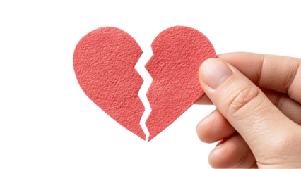 Hand Holding a Broken Red Paper Heart on White Background