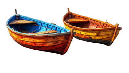 Realistic traditional boat (nouka) duo for river and cultural branding, isolated on transparent background