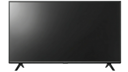 A flat, rectangular television screen displays a dark, gradient background on a black bezel