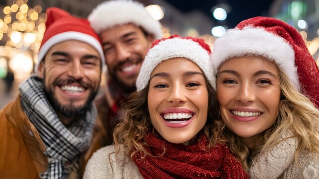 Happy friends celebrating christmas holiday taking selfie