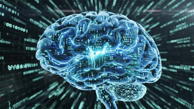 Futuristic digital brain glowing with bright blue energy and binary code streams