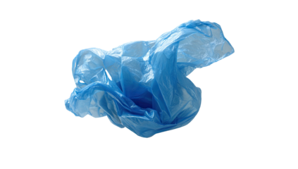 Isolated, crumpled, translucent blue plastic bag floating against a black background