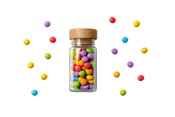 Colorful candies spilling from a clear jar with a cork lid, on a stark black background