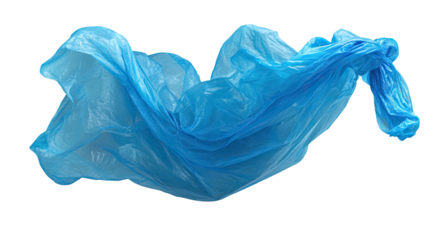 Transparent, vibrant blue plastic bag, isolated against a black background, in mid-air, crumpled