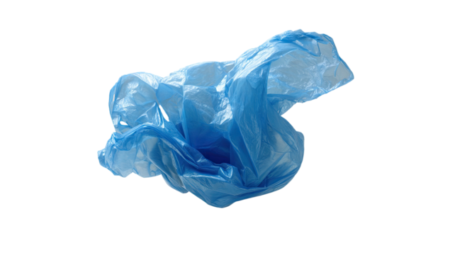 Isolated, crumpled, translucent blue plastic bag floating against a black background