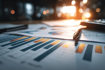 Graphs and charts on a table with a pen, illustrating business data during sunset in a modern office setting