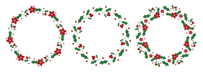 Round Christmas wreaths with poinsettia flowers and holly berries. Decorative elements for design, greeting cards, invitations, sales, interior.