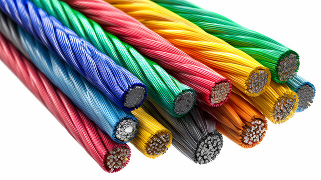 Vibrant colored steel cables arranged close up in a row. Displaying vivid hues and strong texture and material 