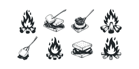 Campfire and s'mores sketch icons
