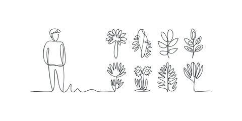 Single Line Drawing of a Person with Various Plant Forms