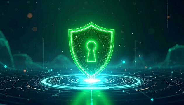 Glowing green shield with keyhole over futuristic digital interface.