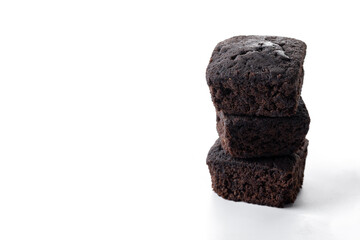 Homemade chocolate brownies isolated on white background. Copy space
