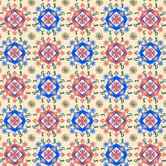 A vibrant Thai-inspired floral pattern featuring geometric diamond shapes with lotus and leaf motifs in vivid red, pink, and coral tones on a deep blue background. The design blends traditional Thai a