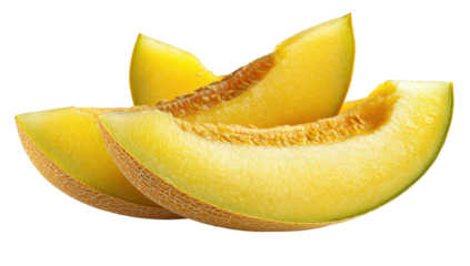 Three golden-yellow, juicy melon slices, partially transparent, resting on a black background