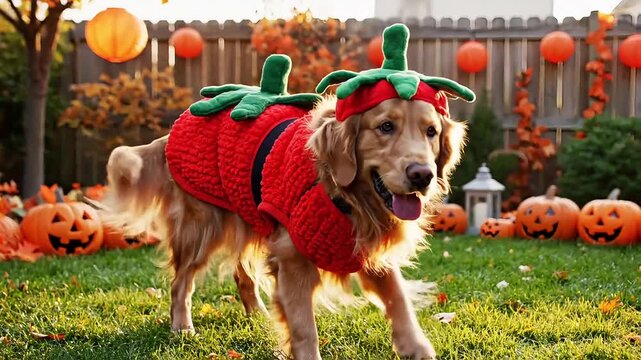 Golden retriever dog dressed in a tomato costume celebrating Halloween in the backyard with pumpkins and decorations festive autumn scene