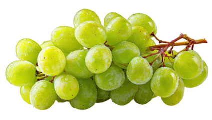 A close-up of fresh, green grapes in a cluster, with a black background