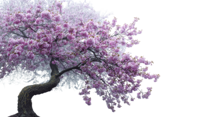 A flowering tree, with soft pink blossoms, set against a black backdrop, in hazy atmosphere