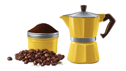 An illustration depicts coffee beans, ground coffee, and a classic yellow stovetop espresso maker