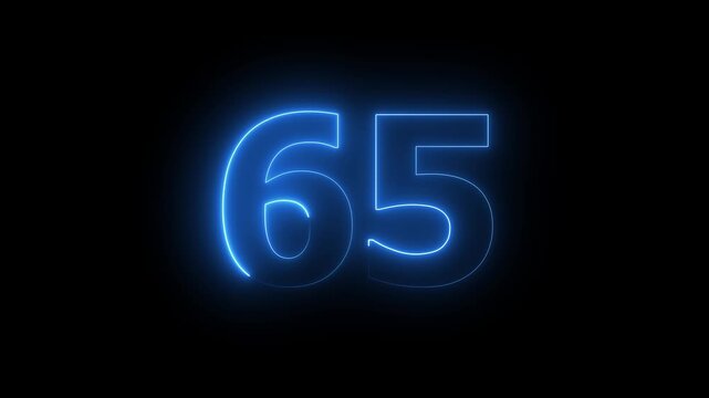 neon text 65number icon animation. Neon text 65 number countdown icon alpha channel background animation. 