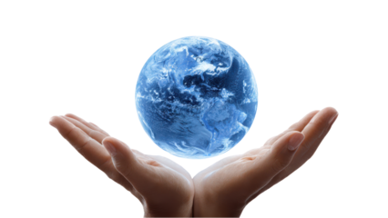 Protecting Our Planet: Hands Holding Blue Earth Globe on White