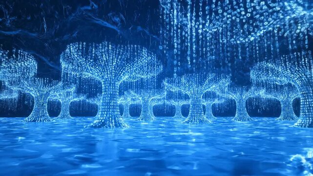 Abstract Digital Forest of Glowing Blue Binary Trees in a Futuristic Landscape.
