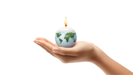 Hand Holding World Map Candle on White Background, Global Awareness