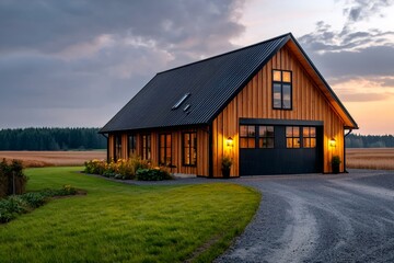 Modern rustic barn house at sunset in countryside
