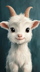 Adorable white baby goat portrait, smiling, fluffy fur, big eyes.