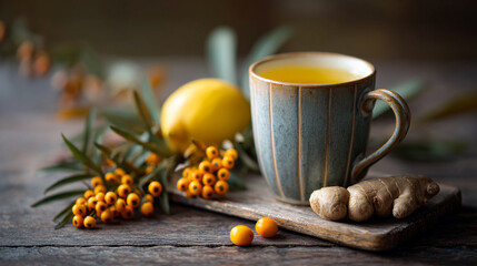 Fototapeta premium Still life of tea in a blue mug with lemon ginger and sea buckthorn on a wooden surface decoratively