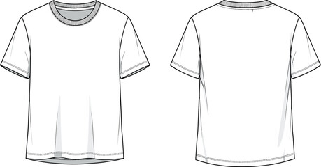 cad drawing flat vector illustration, t-shirt technical fashion sketch, basic crew neck tee front back view, apparel design template