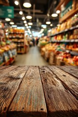 Rustic wooden table in foreground with blurred supermarket aisle filled with products planks