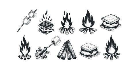 Campfire marshmallow and s'mores illustrations