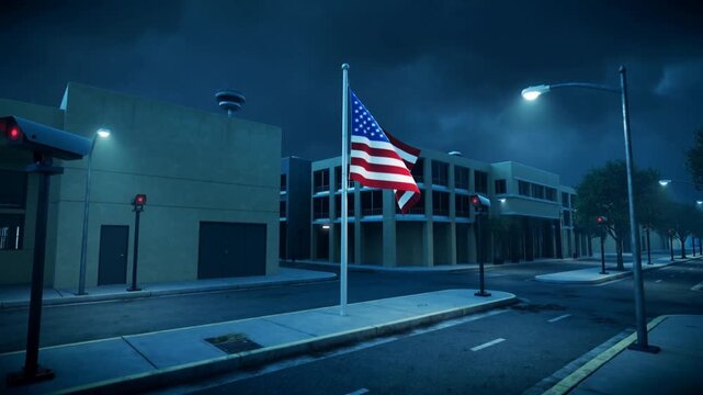 A U.S. flag hangs over an empty city street, surrounded by multiple surveillance cameras, symbolizing state monitoring, oversight, and pervasive surveillance in urban spaces.