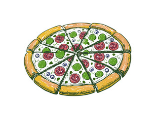Pizza Vector Illustration, Delicious Pepperoni Slice with Cheese and Tomatoes