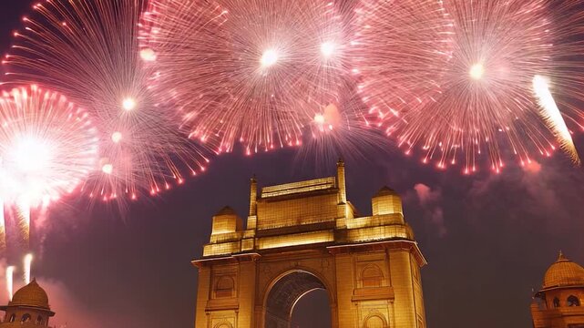 A clock tower with fireworks exploding in the night sky