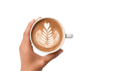 Hand Holding Latte Art: Coffee Cup with Fern Pattern on White Background