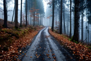 Obraz premium Forest road winding through misty autumn trees