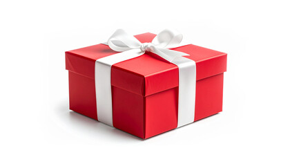 Fototapeta premium Red gift box with white bow on white background isolated. New Year or Christmas gifts. Birthday or Valentine's Day