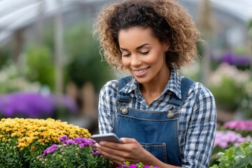 Smiling woman using smartphone in flower greenhouse