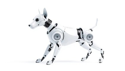 Sleek white robotic dog isolated on pure white background,  robotic animal,  technology concept