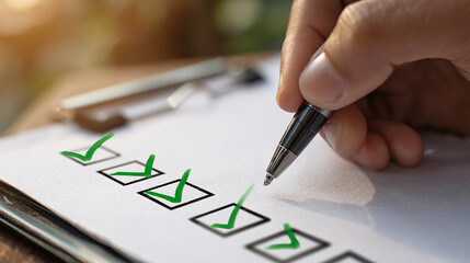 A person marks off items on a checklist with green check marks using a pen, indicating tasks are completed, ensuring efficiency and organization.