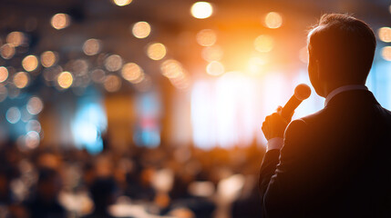 Confident orator delivering insights with a microphone in hand, captivating a large audience during a public speaking event.